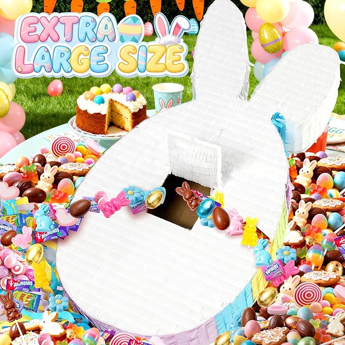 25" Easter Decorations Pinata Bunny Egg Piñata with Blindfold, Bat and Filler, Funny Cute Party Favors for Cute Birthday Pinata Egg Theme Kids and Adults Party Supplies Decoration