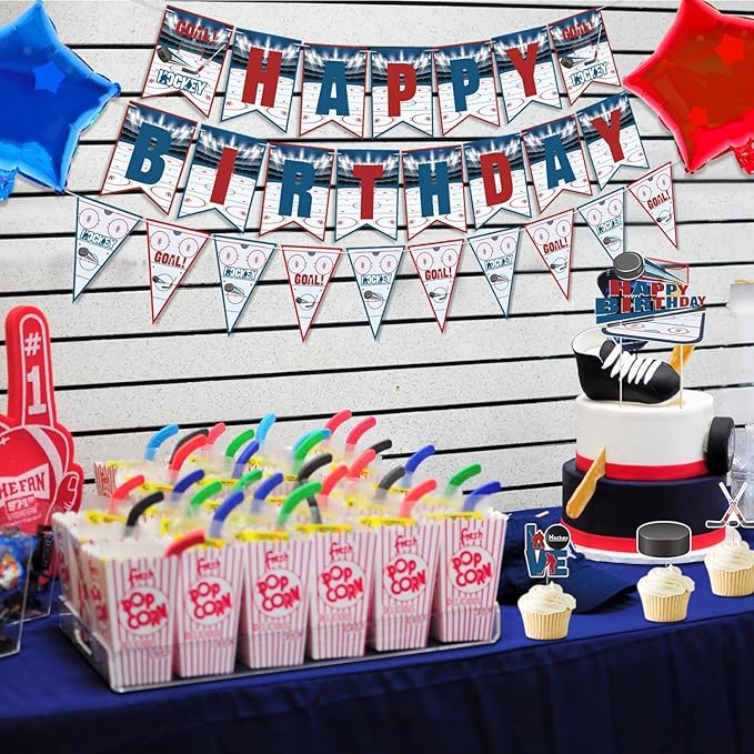 Hockey Party Decorations, Happy Birthday Banner, Ice Hockey Theme Cake Toppers, Latex Balloons and Tablecloth for Kids Party Sports Ice Hockey Birthday Party Supplies