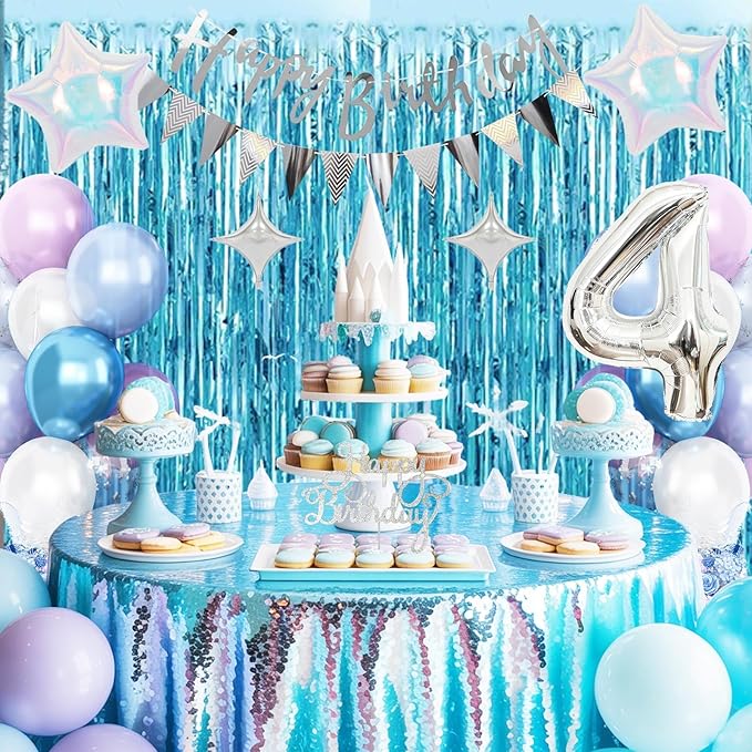 4th Snow Birthday Decorations for Girl, Blue Purple Balloons with Happy Birthday Banner Curtain Silver Number 4 Balloon Iridescent Star Foil Balloons for Girls Baby Shower Birthday Party Supplies