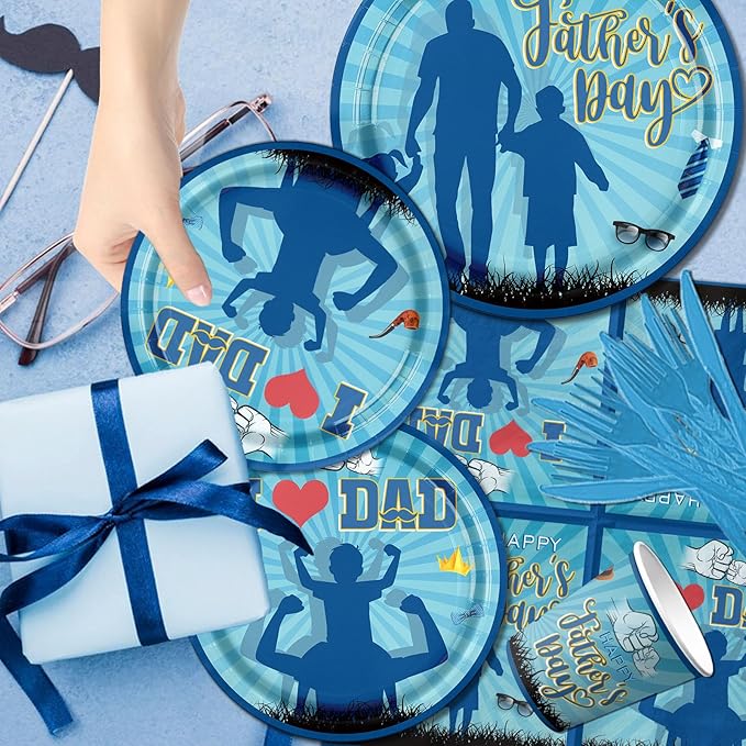 Fathers Day Decoration-Happy Fathers Day Plates and Napkins Kit Blue I Love Dad Tableware for Father Day Party Decoration
