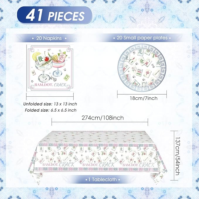 Mahjong Party Decorations 41PCS Mahjong-Themed Paper Tableware Includes Mahjong Plates and Napkins,Tablecloth Dinnerware Set for Home Kitchen Table Decor Special Events Game Night Party Supplies