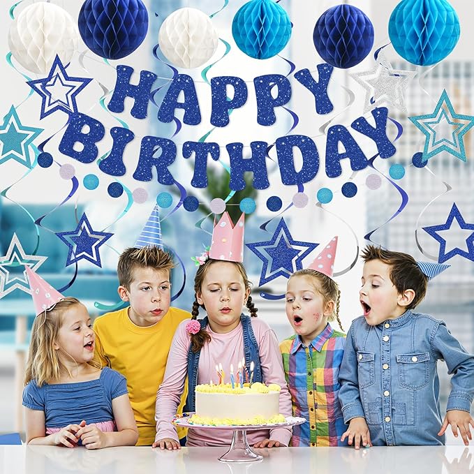 Amandir Birthday Decorations for Boys Men, Glitter Happy Birthday Banner with Honeycomb Balls, Star Hanging Swirls Streamers, Circle Dots Garland, Blue Birthday Party Decorations Supplies Girls Women