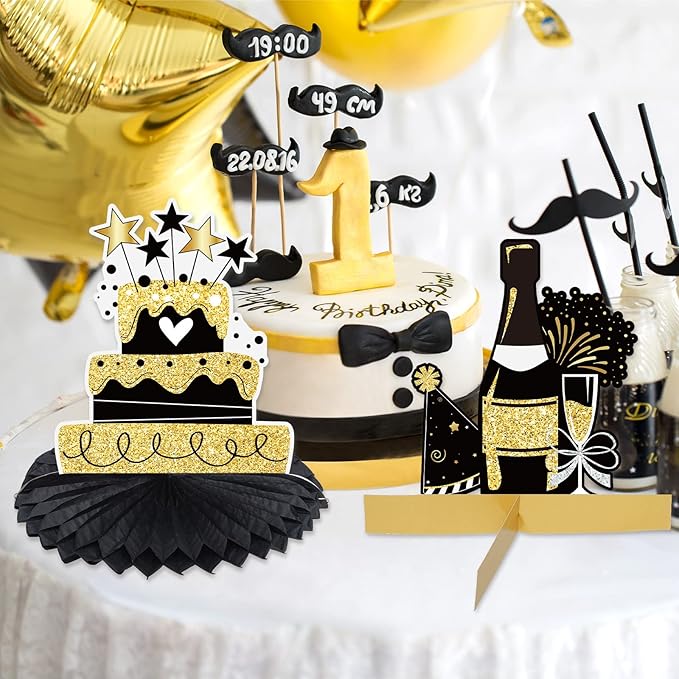 Clabby 12 Pcs Gold Black Birthday Decorations Gold Happy Birthday Table Centerpieces Honeycomb Cute Table Top for Women Men Best Wishes Anniversary Party Supplies 21st 30th 40th 50th 60th 70th
