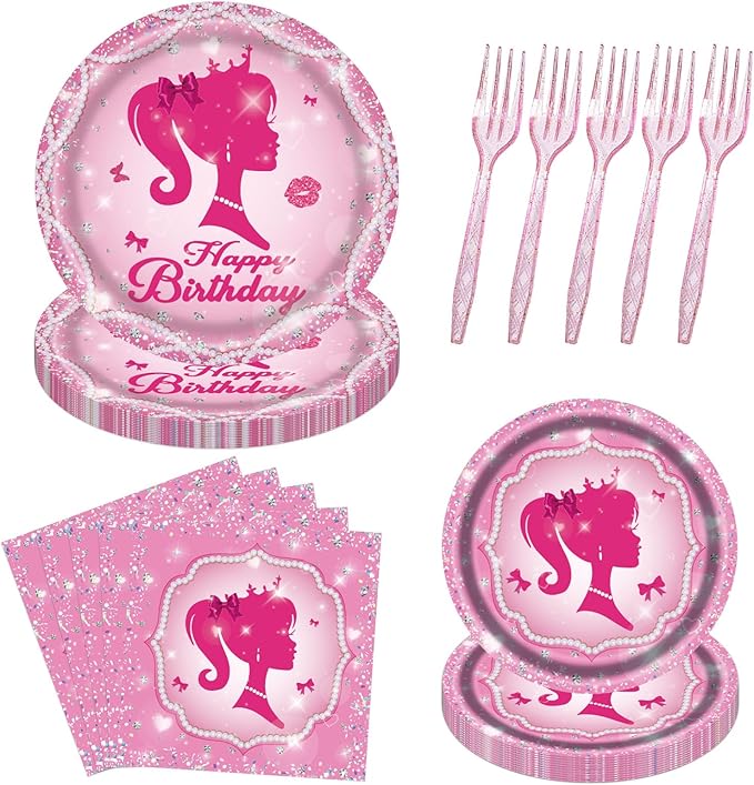 96PCS Pink Girl Plates and Napkins Tableware Set Pink Girl Party Supplies Pink Girl Birthday Party Decorations Pink Princess Theme Party Dinnerware Set Pink Girl Paper Plates Napkins Forks Serve 24