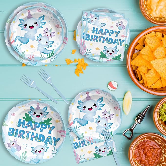 Grencian 96 Pcs Axolotl Birthday Party Supplies Blue Cartoon Axolotl Plates and Napkins Disposable Reptile Animals Tableware Set Axolotl Party Decorations Favors for Kids Boy Baby Shower Serves 24