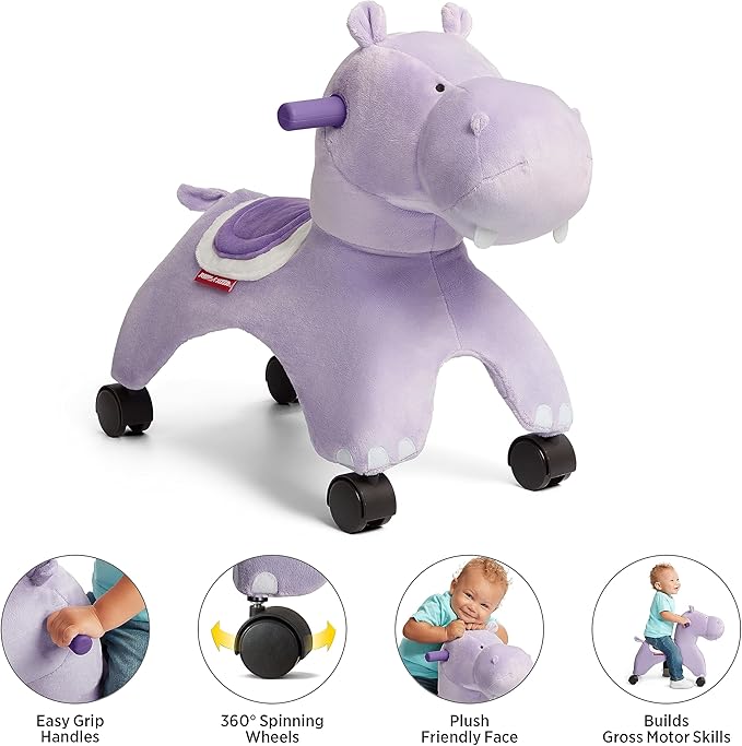 Radio Flyer Holly The Rolling Hippo Ride On, Ages 1-3, EZ-Glide 360-degree Wheels, Easy Grip Handles, Soft Plush Face, Ideal for Active and Imaginative Play, Toddler Ride On Toys
