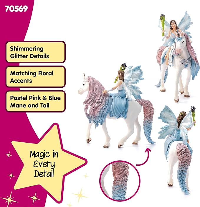 Schleich Bayala - 3PC Eyela Fairy Toy with Princess Unicorn Figurine - Fantasy Fairy Figure with Magic Wand - Durable Pixie and Magic Horse Toy for Imaginative Play - Girls and Boys 5-12 | 70569