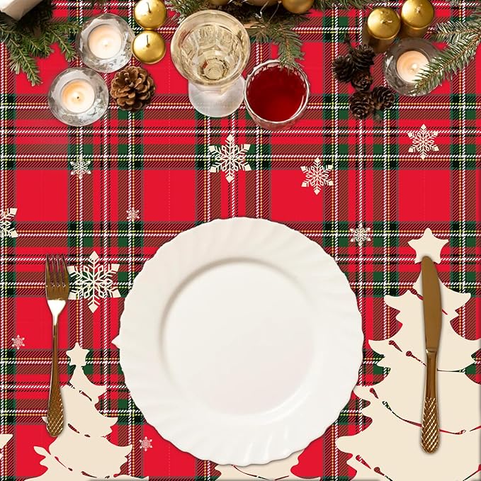 4 Pack Christmas Table Cloth Christmas Checkered Tablecloth Buffalo Plaid Table Cloth Christmas Party Table Cover Xmas Party Decoration with Christmas Tree and Snowflake 51 X 86 in
