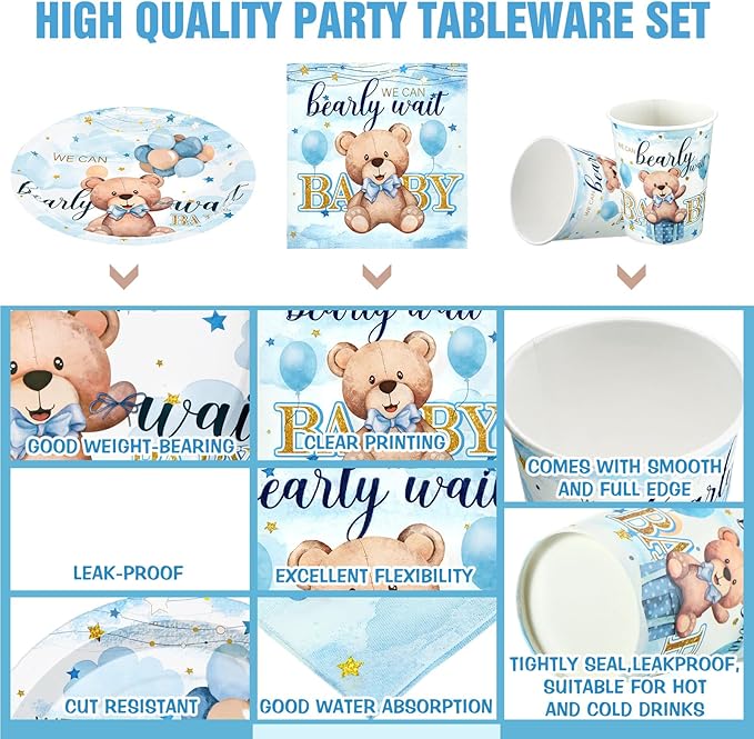 Hushee 200 Pcs Blue Bear Baby Shower Paper Plates Napkins Cups Baby Shower Party Supplies Tableware Set Bear Theme Disposable Cup Napkin for 50 Guest Boy Sets Spring Party Decoration Boy Girl