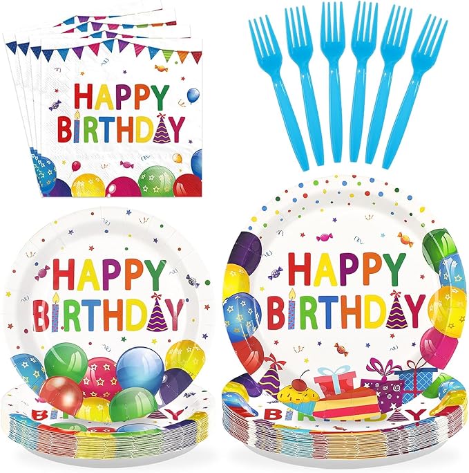 96Pcs Happy Birthday Decorations Colorful Dots Happy Birthday Plates and Napkins Disposable Rainbow Multicolor Decorations Tableware Set for Kids Boys Girls Birthday Party Supplies Serves 24