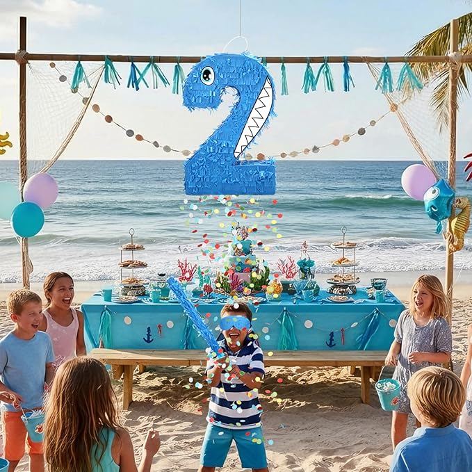 Blue Number 2 Piñata Shark Cartoon Party Decoration Summer Ocean Themed Piñata with Blindfold Bat and Round Confetti Shark 2nd Birthday Decor for Celebration Supply