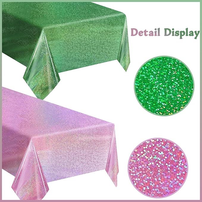 2 Pack Witch Holographic Tablecloth, Party Pink and Green for 54" x 108" Witch Princess Theme Decorations, Iridescent Metallic Plastic Glitt