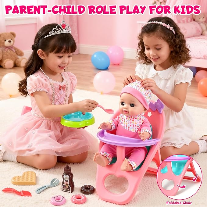 12'' Baby Doll Set with Crib and High Chair, 32 PCS Interactive Baby Doll Make 12 Sounds with Baby Doll Accessories, Doll Playset Toddler Girl Toys Birthday Gifts for 3 4 5 Years Old