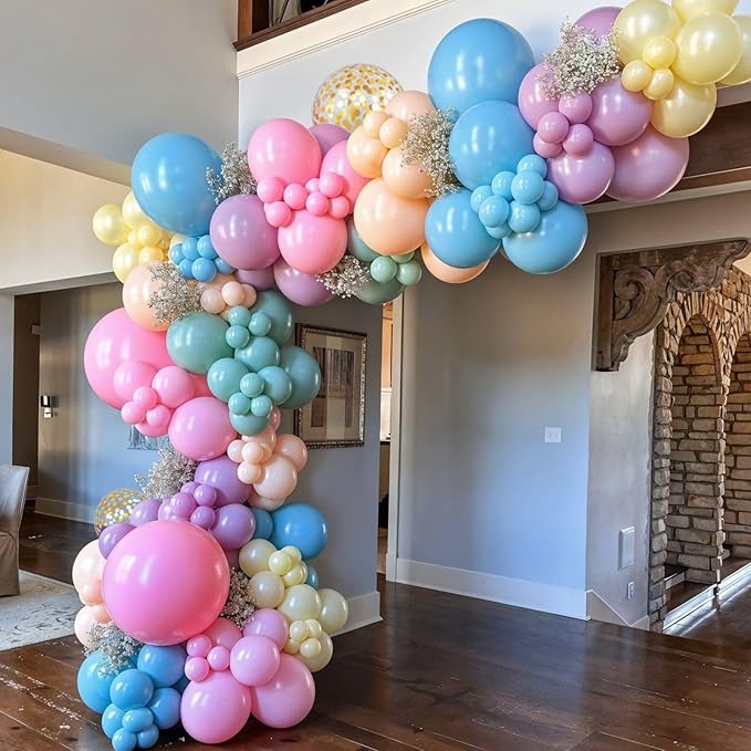 Pink Blue Purple Balloons, 60Pcs 12 Inch Pastel Macaron Pink Purple Teal Blue Gold Confetti Birthday Balloons for Girls Princess Birthday Party Wedding Baby Shower Decorations