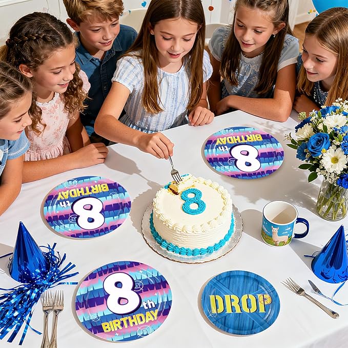 96Pcs 8th Video Game Birthday Party Supplies Happy 8th Game Theme Plates and Napkins Disposable Blue Drop Tableware Set for 8 Year Old Kids Boys Birthday Decorations Serves 24