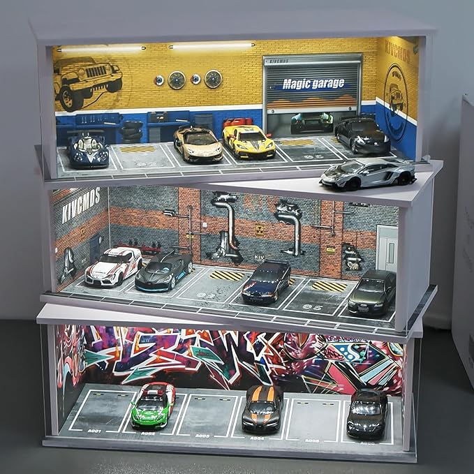 1:64 Scale Car Model Display Case for Hot Wheels,Matchbox Cars,Parking lot with Lights(Repair Store Scene Contains 6 Parking Spaces)