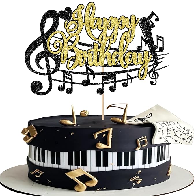 1 PCS Music Happy Birthday Cake Topper Black Gold Glitter Musical Symbol Note Microphone Music Lover Birthday Cake Pick for Concert Singer Theme Party Cake Decoration Supplies