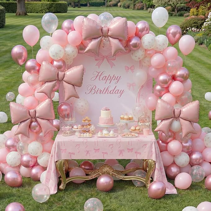 112Pcs Pink Bow Birthday Decorations Balloons Table Cloth Set for Party, 100PCS 12" Pastel Light Pink Bow Print Coquette Balloon, 4PCS 38" Giant Pink Bow Balloons, 3PCS Decor Tablecloths Girls Women