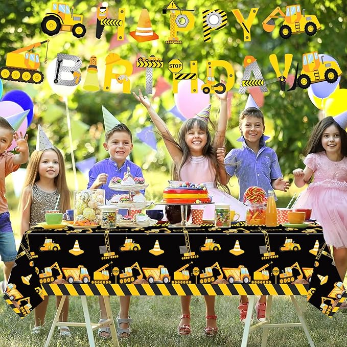 132 Pcs Construction 2nd Birthday Party Supplies Dump Truck Theme Two Tableware Includes Hanging Swirl, Banner, Plates, Cups, Tablecloth for Boys Construction Two Years Old Bday Party Decorations