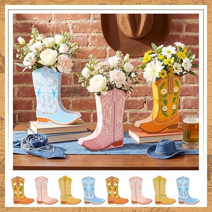 12 Set Boho Western Boots Flower Boxes Centerpiece Boot Shape Gift Boxes Party Decoration Vase Centerpieces for Tables Boots Rodeo Birthday Baby Shower Supplies(Cute Cowboy)
