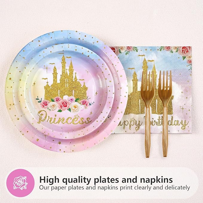 Grencian 96Pcs Princess Birthday Party Supplies Princess Birthday Plates and Napkins Tableware Sets Watercolor Pastel Rainbow Castle Decorations for Girls Baby Shower Fairytale Party Favors Serves 24
