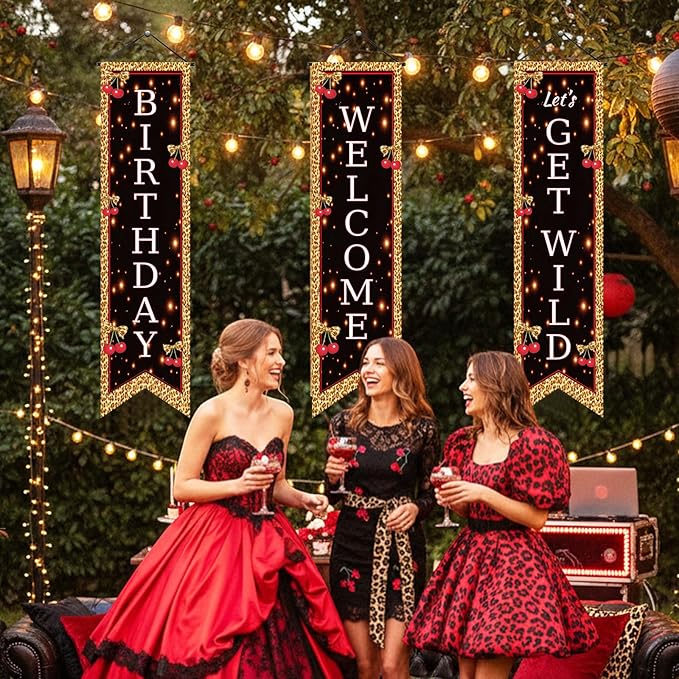 3 Pcs Party Decorations Banners Porch Sign Hanging Flags Photo Props Backdrop Supplies for Outdoor Door Wall Yard Birthday Baby Shower (Cheetah Cherry)