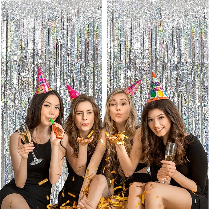 2 Pack Silver Foil Fringe Curtains, 3.3x6.6 Ft Metallic Tinsel Backdrop Party Decorations Door Silver Streamers for Birthday Wedding Engagement Decor,Photo Booth Props, Party Supplies