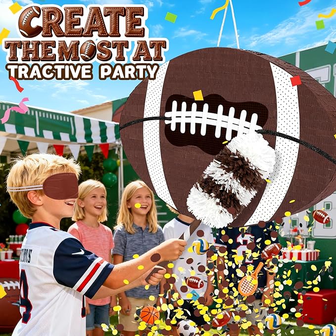 25" Football Pinata for Birthday Party, Sports Themed Party Decorations with Stick & Blindfold, Small American Football Pinata for Kids Boys, Fillable Paper Mache Centerpiece for Game Day Event Favors