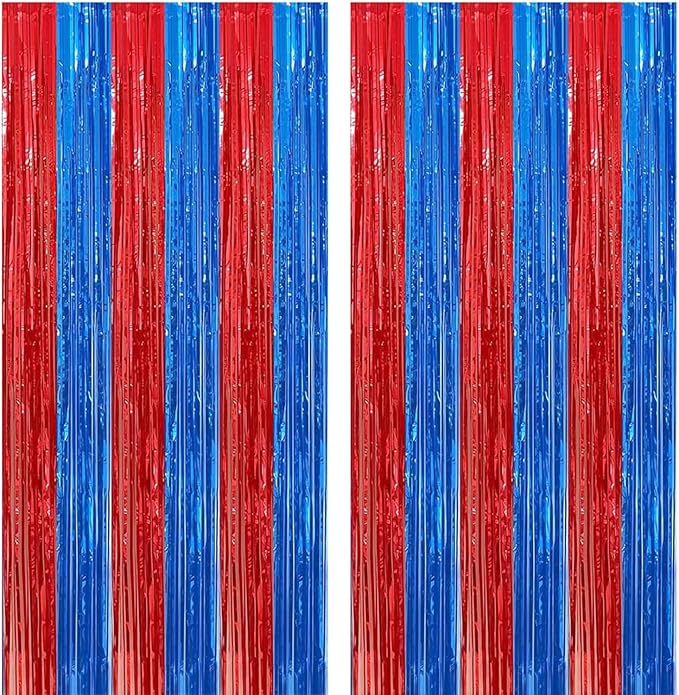4 Pack Red and Blue Foil Fringe Curtains Photo Booth Prop Tinsel Streamer Backdrops, Birthday Party Decorations Graduation Bachelorette Bridal Wedding Baby Shower Party Supplies, 3.3x6.6 ft