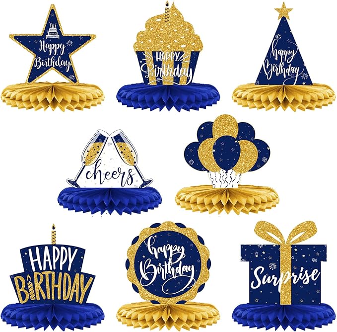 Spakon 8 Pieces Blue Gold Happy Birthday Table Decorations Happy Birthday Honeycomb Centerpieces Glitter Table Toppers Blue and Gold Party Decorations for Men and Women Party Supplies