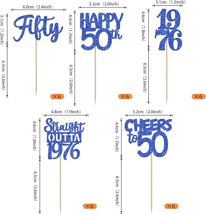 30 PCS 50th Birthday Cupcake Toppers Glitter Fifty Happy 50 Straight Outta 1976 Cupcake Picks for Cheers to 50 Fabulous 50th Birthday Anniversary Party Cake Decorations Supplier Blue