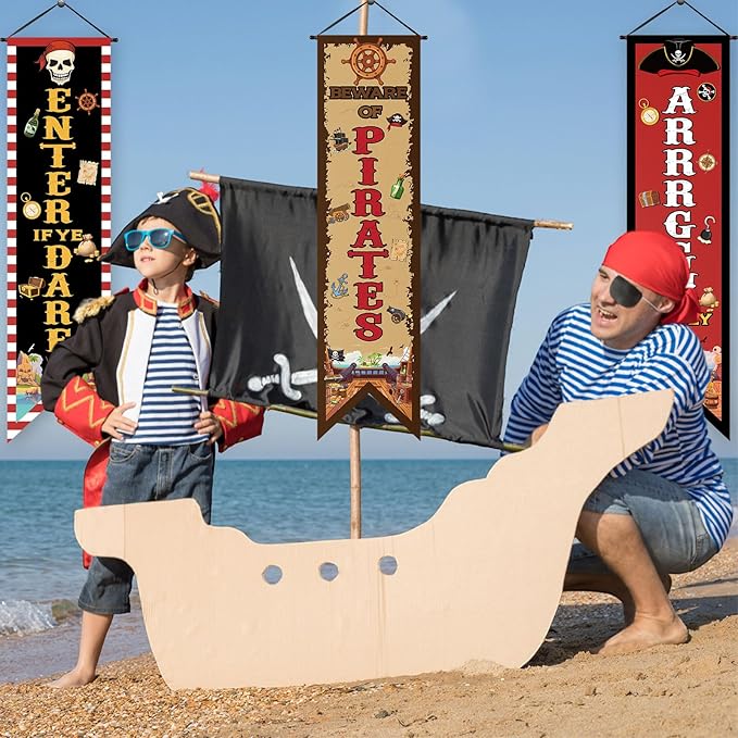 3 Pcs Pirate Banners Beware of Pirate Porch Sign Treasure Hunt Hanging Flags Skull Halloween Party Decorations Birthday Photo Props Backdrop Supplies for Outdoor Door Wall Yard Camping