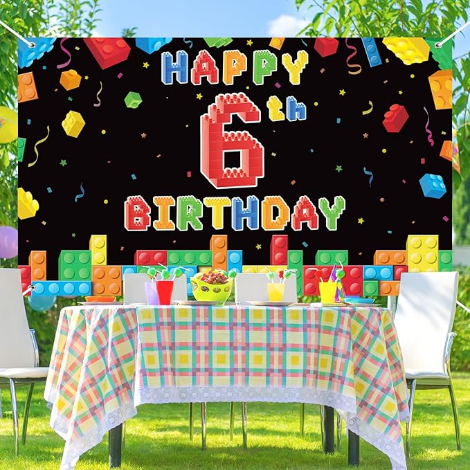 Panelee Building Block Birthday Banner Building Blocks Party Backdrop Decoration Happy Birthday Banner Photography Background for Party, 72.8 x 43.3 Inch(Black,6th)