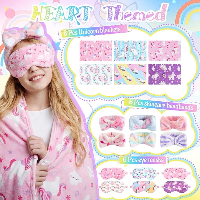 18 Pcs Sleepover Party Supplies for Girls, 6 Style Multicolor Blanket 6 Coral Fleece Spa Headband 6 Eye Mask Cover for Slumber Sleepover Spa Party (Unicorn)