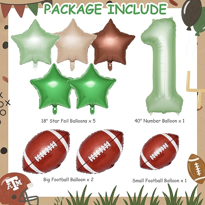 First Year Down Birthday Party Decorations, 8 Pcs 1st Birthday Decorations for Boy with 40" Green One Balloon for First B-day Football Foil Helium Balloons 1st Boy Party Supplies