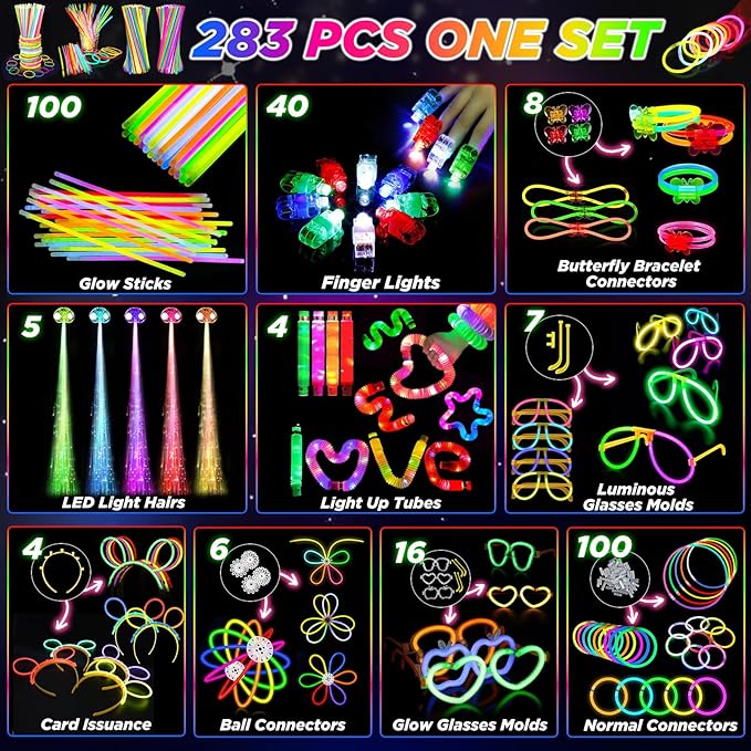 Party Supplies, Glow in the Dark Party Favors for Adults Kids, 27 Carnival Accessories, 56 LED Light Up Toys Bulk, 100 Glow Sticks Party Pack, Neon Party Supplies & Decorations
