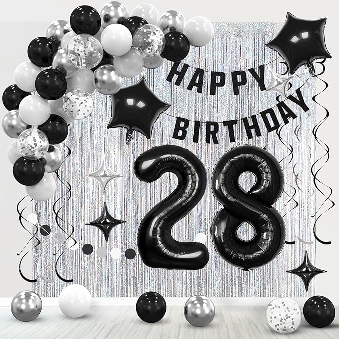 28th Birthday Decorations for Men Women- Black Silver Happy 28th Birthday Party Decor With Banner Backdrop,Number 28 Foil Balloon -Black White Balloons Garland Arch Kit for 28 Years Old