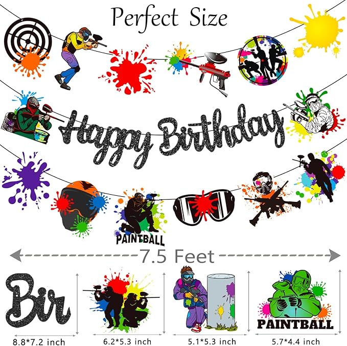 Paintball Happy Birthday Banner Glitter Black Paintball Birthday Party Decorations 2PCS Paintball Themed Shooting Game Banner Decor for Paint Ball Splatter Splash Party Supplies