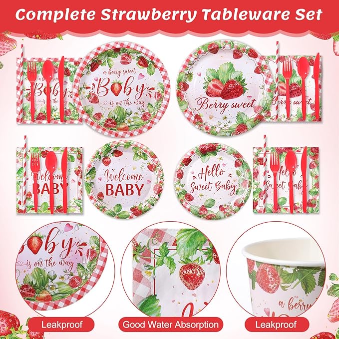 450 Pcs Strawberry Baby Shower Tableware Set Decorations A Berry Sweet Baby Paper Plates Napkins Cups Cutlery Straws for Berry Gender Reveal Birthday Party Supplies, Serves 50