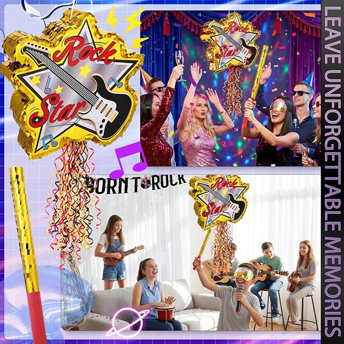 26Pcs Rock and Roll Guitar Piñata Party Set with Blindfold Banners Glasses Snap Bracelets for Music Theme Celebrations