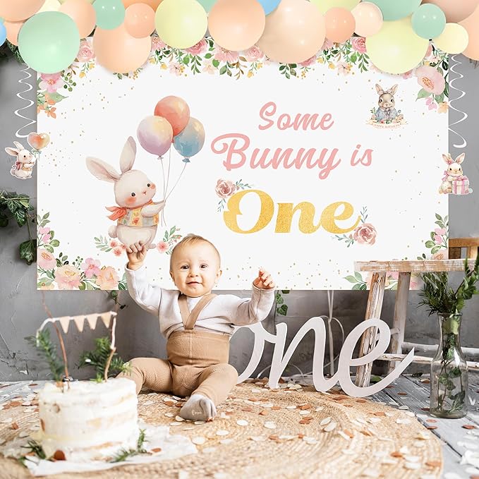 Some Bunny is One Decorations, 142PCS First Birthday Decorations with Backdrop, Hanging Swirls Ceiling Decoration and Balloons for Girl Rabbit Themed Party