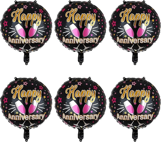 Happy Anniversary Mylar Balloons 18 Inch Round Foil Helium Balloon Birthday Engagement Wedding Celebration Anniversary Party Decorations Supplies Black 6 Pcs