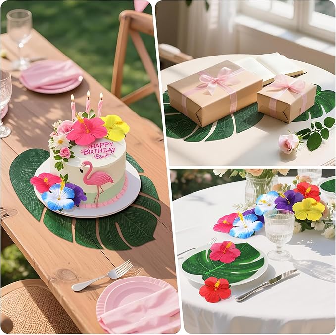 120Pcs Luau Party Decorations Fake Plants Palm Leaves Monstera Hibiscus Flowers Simulation Artificial Leaf for Hawaiian Luau Safari Parties Jungle Beach Wedding Birthday Theme Party Table Decorations