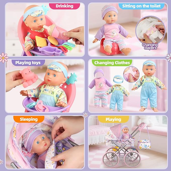 Baby Doll Stroller Playset for Girls Toddlers 3-5 4-6 5-7 Year Old to Play House Games. Stroller Toy with 12.5" Baby Doll, Dining Chair, Quilt Pillow, 24 PCS Doll Accessories and 2 Sets Clothes.