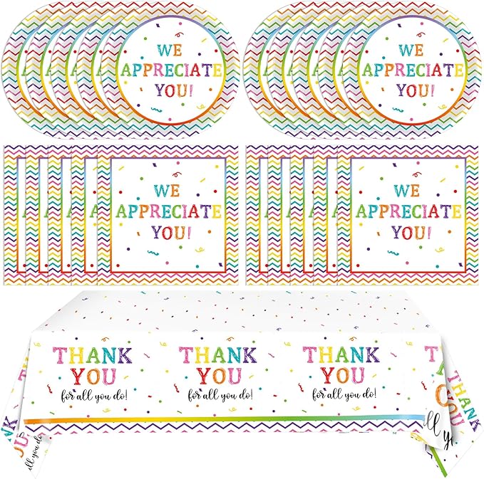 41Pcs We Appreciate You Decorations Rainbow Color Thank You Themed Tableware Set Appreciation Plates Napkins Tablecloth丨Teacher Nurse Employee Staff Pastor Volunteer Appreciation Week Decor,Serve 20