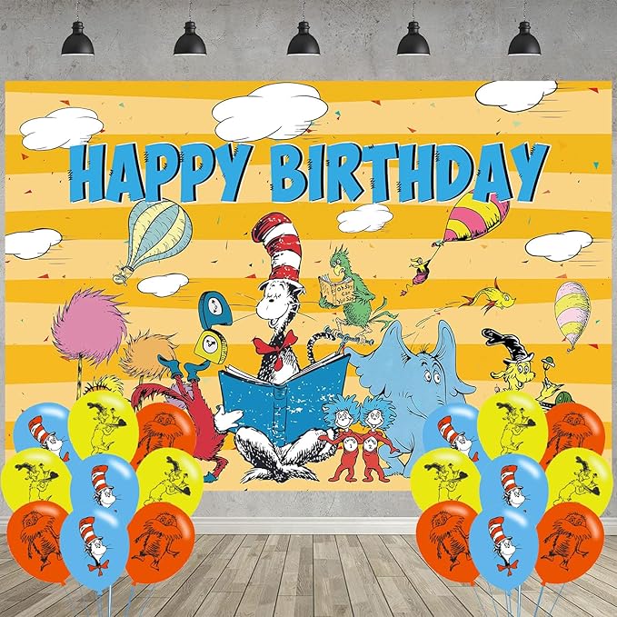 Seuss Cat Birthday Party Decoration,Photo Background 5 x 3 FT, 18 Pcs Balloons,Dr Cat Merch Party Backdrop Supplies