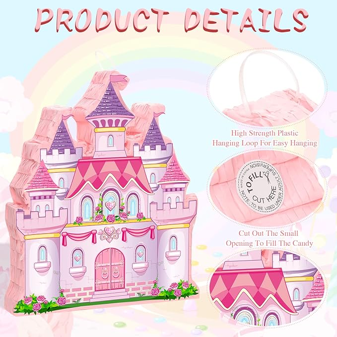 Princess Castle Piñata Bundle Girl Princess Party Piñata Set Include Pink Castle Piñata stick and Blindfold Mask for Princess Theme Birthday Party Supplies Decor, 16.1 x 13.4 x 3.2 Inch
