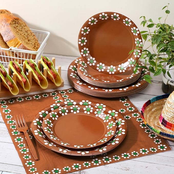 122 Pcs Cielito Lindo Party Decoration Platos De Barro Mexicanos Fiesta Talavera Paper Plates Mexican Napkins Forks Tableware Set for Baby Shower Weeding Birthday Supplies, Serve 24