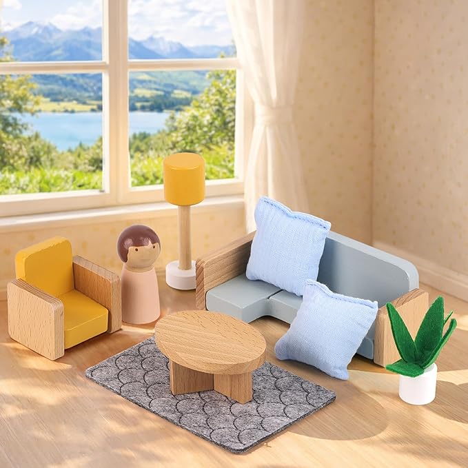 PairPear Wooden Toys Dollhouse Furniture Playset,35 Piece Furnitures with Family Dolls,Doll House Accessories Pretend Play Gift for Girls and Boys 3 Year and Up
