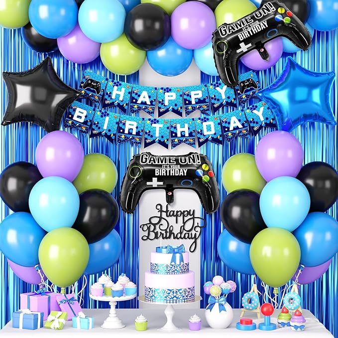 Video Game Theme Party Decorations, Black Blue Purple Green Balloons Happy Birthday Banner Cake Topper Game Foil Balloon Blue Fringe Curtain for Kids Boys Men Birthday Party Decor